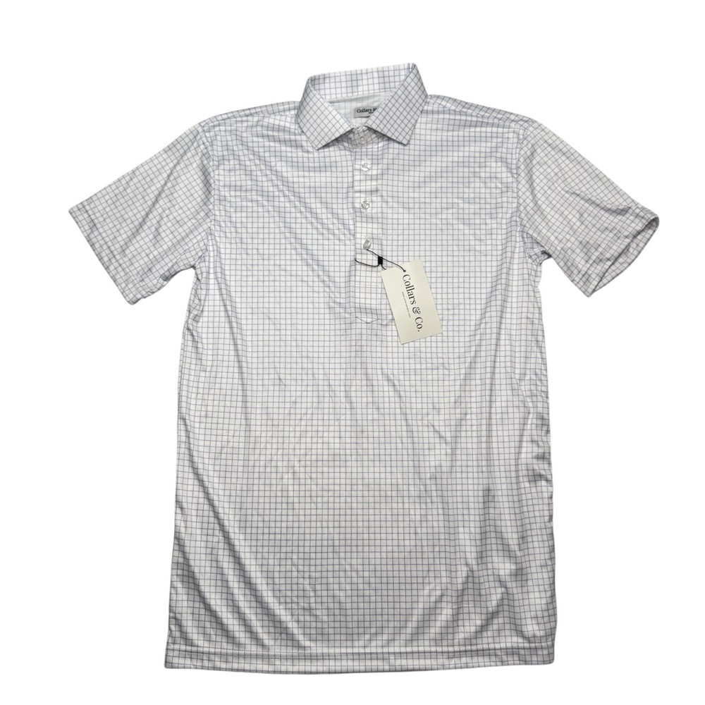 Collars & Co. Firm Dress Collar Polo Shirt Men’s Small White/Purple Checked NEW